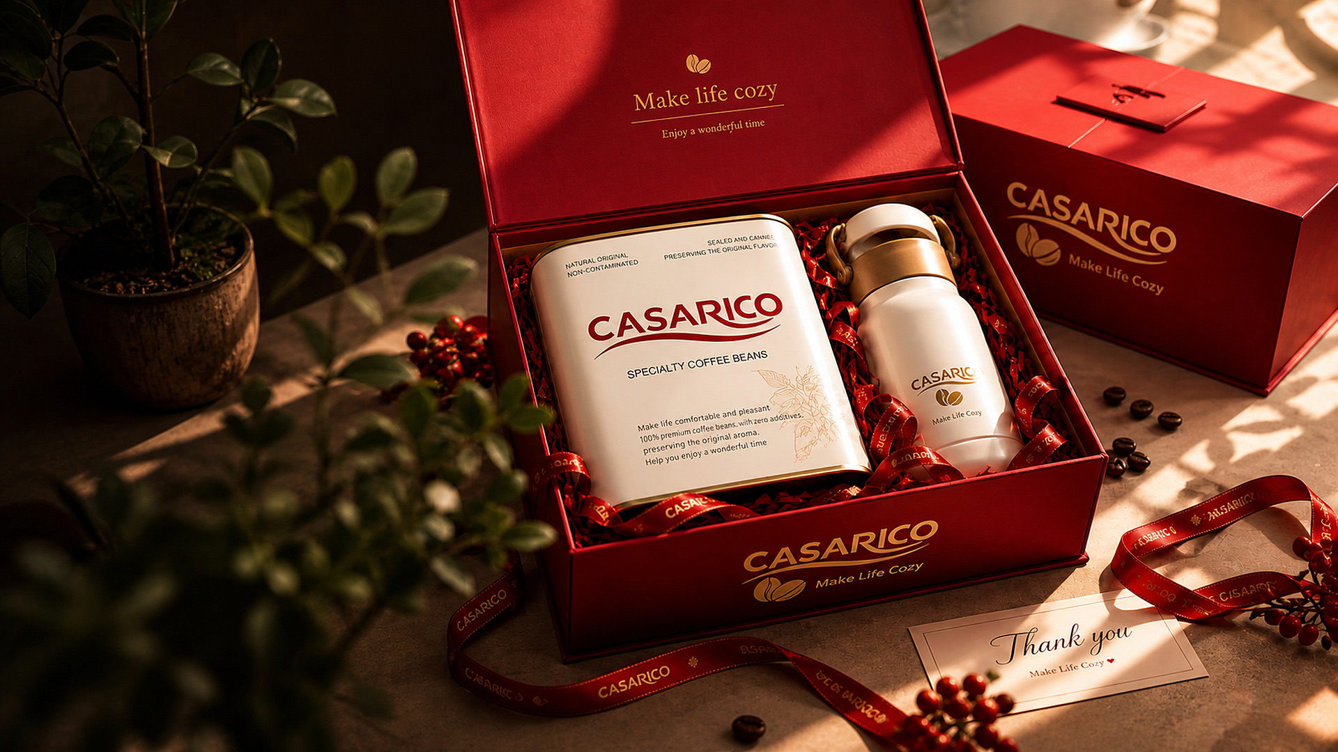 暖色光影中打开的 CASARICO 红色礼盒，内含精品咖啡罐与随行杯